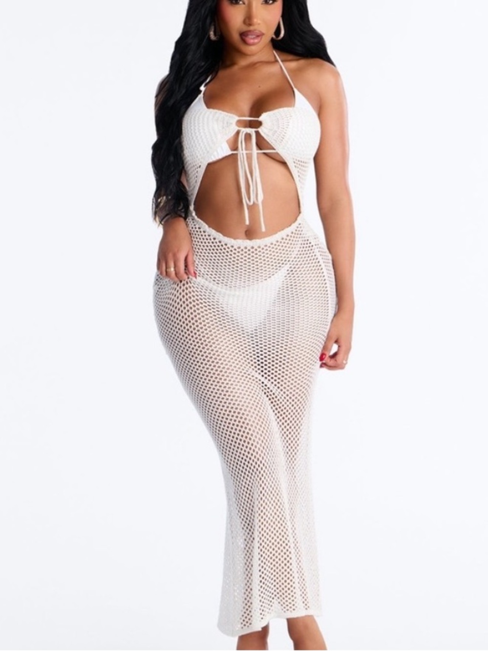 2/70$🔥White Crochet Cutout Halter Maxi Dress